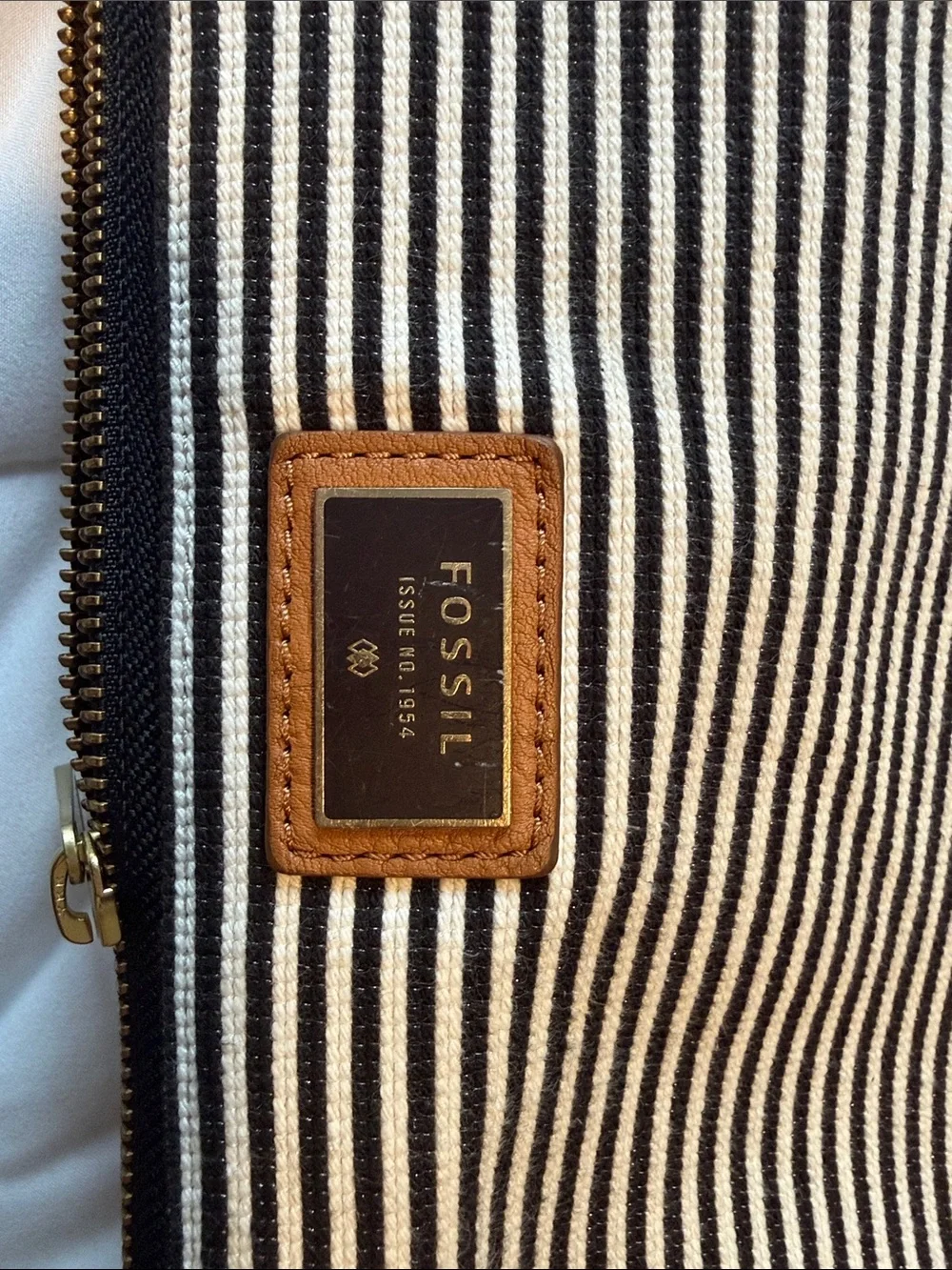 Fossil Black and White Striped Canvas Crossbody with Tan Leather Straps